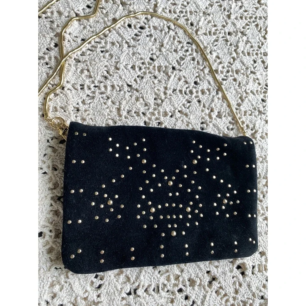 Free People Kingston Crossbody‎ Bag Black Suede Gold Studded Clutch Boho Glam